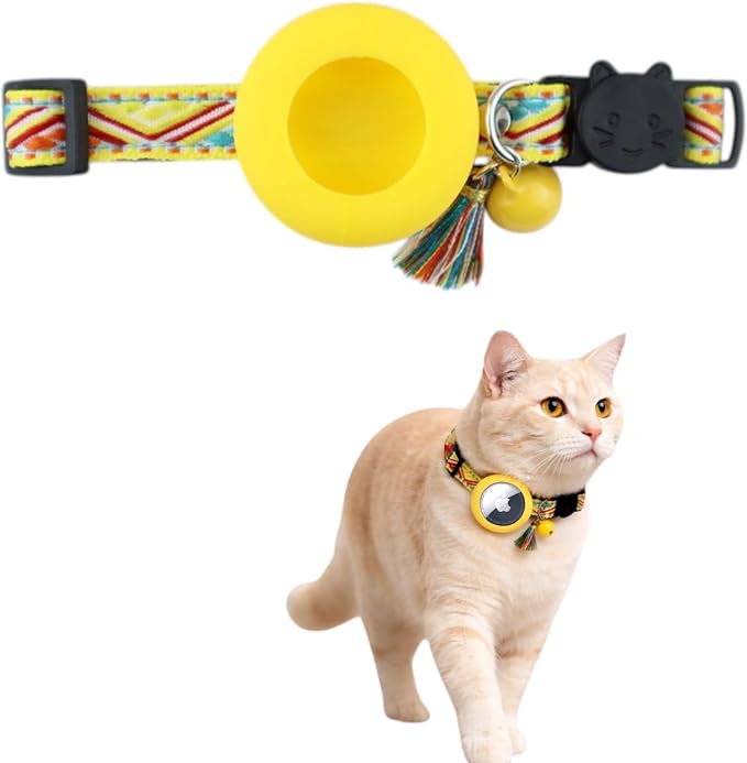 Cat Collar with AirTag Holder – Breakaway Lightweight Woven Cat Collar, Adjustable with Bell for Cats & Kittens ((Sunrise Path) | Amazegoods