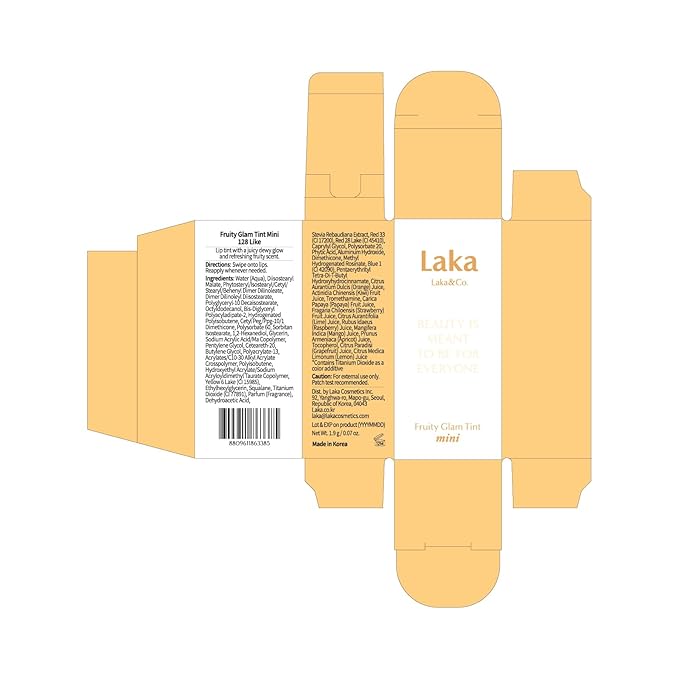Laka Fruity Glam Lip Tint Mini, 1.9g/0.07oz, Glowing Lip Stain with Wide Color Spectrum, Hydrating & Lightweight Texture, Long-Lasting Bold Stain, Non-Sticky, Vegan, K-Beauty (#128 Like)