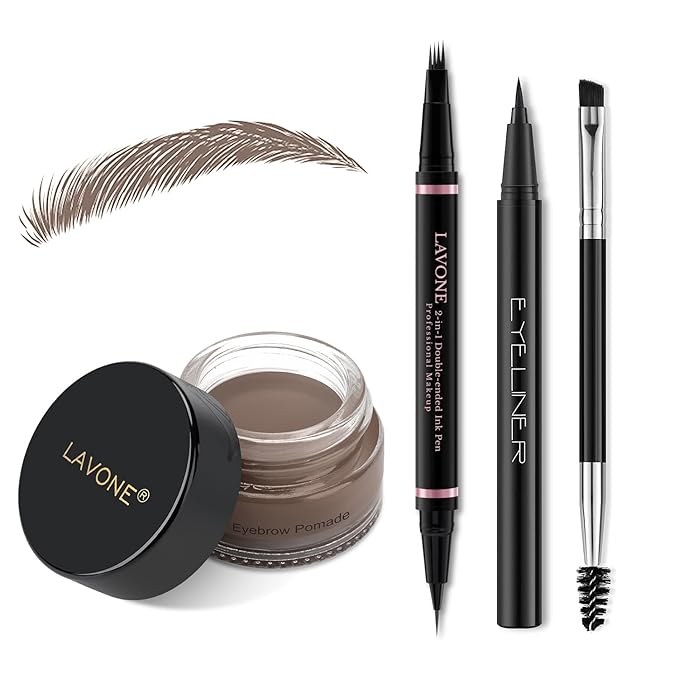 Eyebrow Pencil Makeup Kit, with Waterproof 2-IN-1 Microblading Eyebrow Pen, Eyebrow Pomade, Eyeliner and Dual-ended Eyebrow Brush, Brow Pencil Kit for Natural Eyebrows - Light Brown
