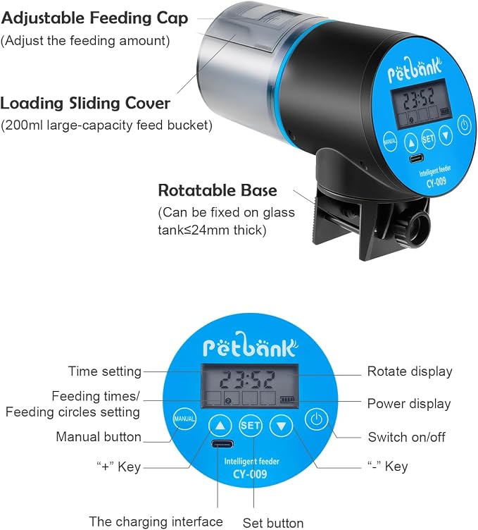 Automatic Fish Feeder for Aquarium Easy Setup & 4 Timers Blue | 200ML Rechargeable Auto Food Dispenser for Flakes & Pellets, LCD Display, Vacation Feeding for Small Tank Betta Koi Turtle