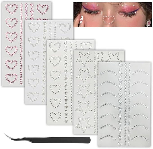 Self Adhesive Face Gems Pearls for Makeup,3D Heart Star Moon Shape Jewels Face Rhinestone Stickers for Face, Eye, Makeup, Nail, Body, Crafts