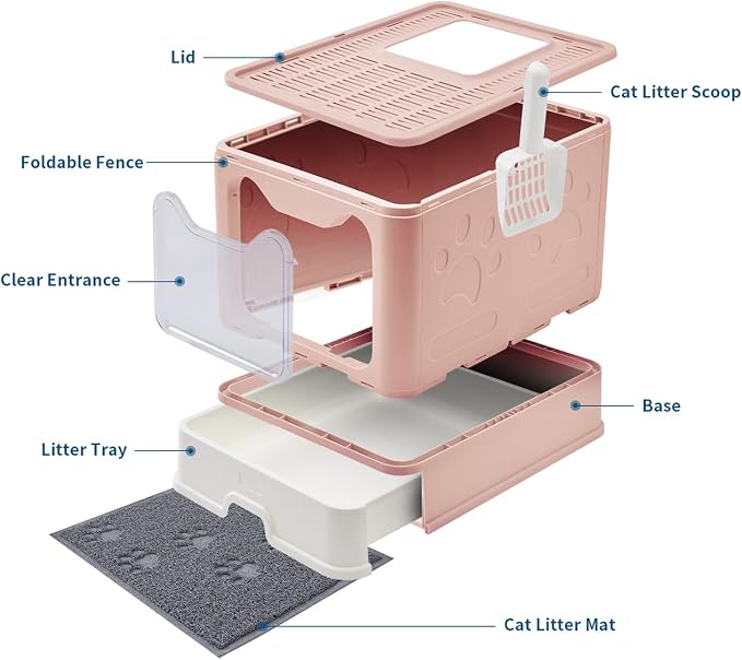 Medario Cat Litter Box with Litter Mat and Scoop(Pink) | Large Covered Litter Box with Lid, Enclosed Kitty Box, Front Entry Top Exit, Odor Control, Easy to Clean