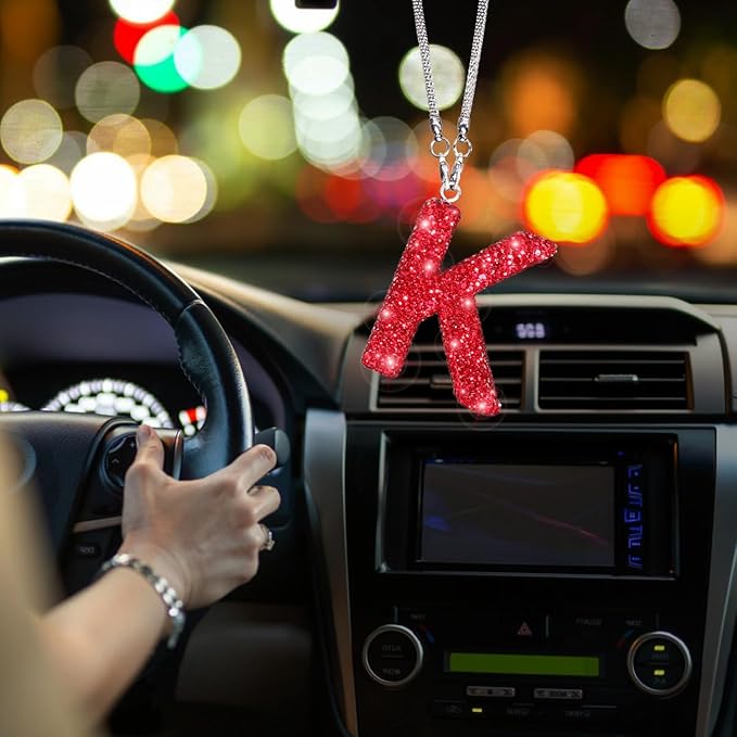 Red Rear View Mirror Hanging Accessories, Crystal Diamond Rhinestone Car Ornament Letter K, Cute Lucky Rhinestone Car Accessories for Women (Red,K)