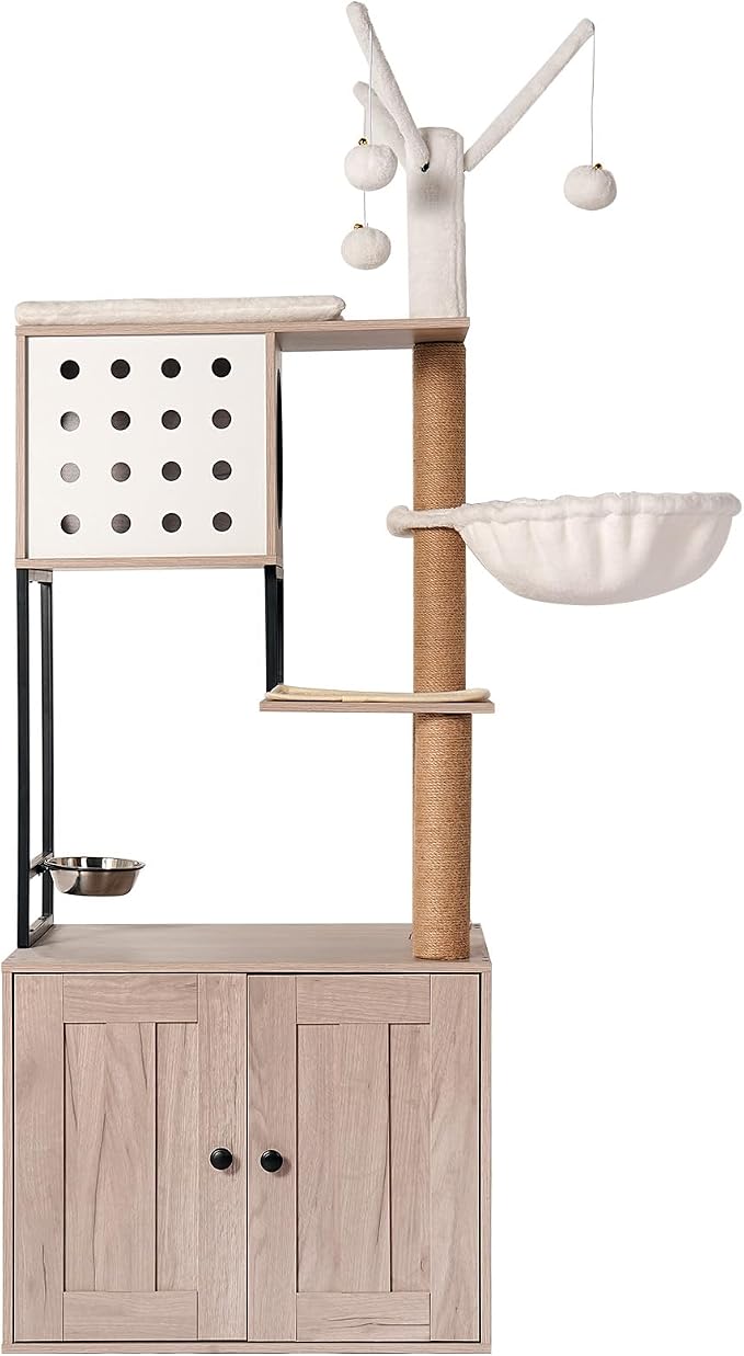 Cat Tree & Litter Box Enclosure,Modern All-in-one Indoor Cats Tower with Large Platform, Cat Condo with Wood House, Food Station, Hammocks (23.6”)