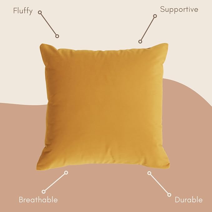 Solid Color Velvet Throw Pillow with Insert Included (Mustard Yellow, 22"x22"), Decorative Pillow for Sofa, Couch, Bed, Chair Cushion