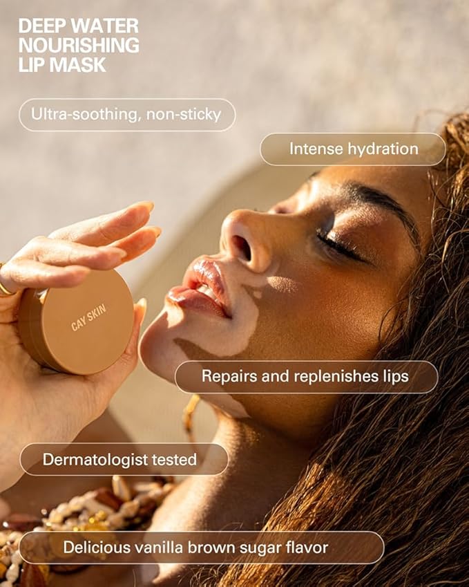 Cay Skin Deepwater Nourishing Lip Mask – Sleeping Mask for Overnight Repair & Hydration with Vitamin E + Shea Butter – Non-Sticky, Clear Formula in Signature Vanilla Brown Sugar Flavor – 0.7 oz