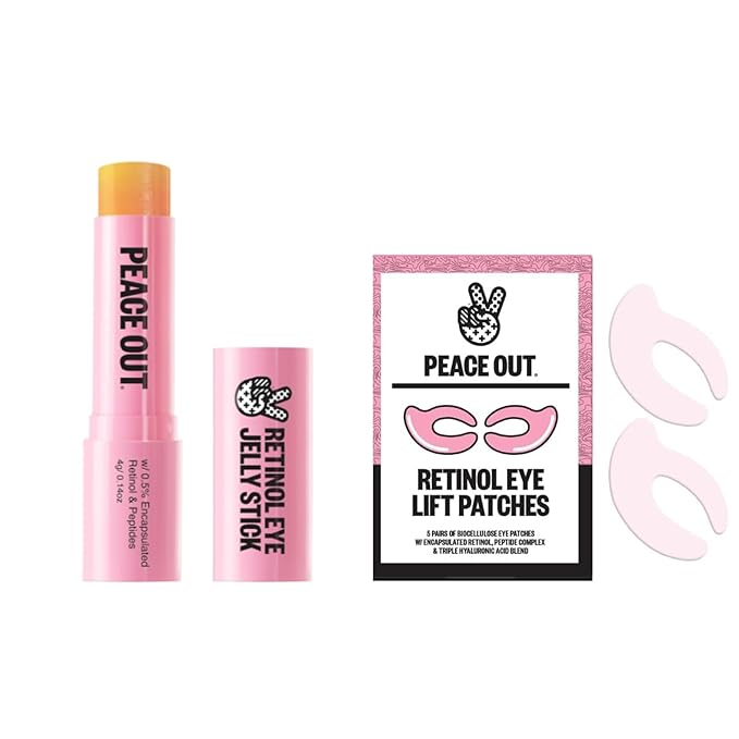 PEACE OUT Age Defying Set, Retinol Eye Jelly Stick + Retinol Eye Lift Patches Bundle for Under Eye Treatment for Fine Lines & Wrinkles, with Encapsulated Retinol, Peptides & Squalane