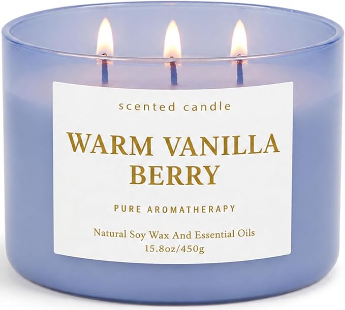Warm Vanilla Berry 3-Wick Soy Candle, 15.8 oz Scented Candle for Home | Strawberry, Raspberry & Spice, Aromatherapy Relaxing, Highly Scented, Clean Burn, Summer & Fall Candle, Gift for Women & Men