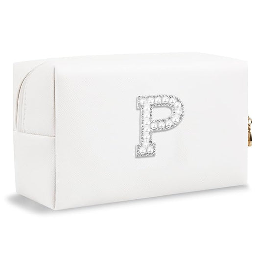 Bride Gifts – Personalized Initial Makeup Bag with Pearl Rhinestone Patch, Preppy White Monogram Cosmetic/Toiletry Pouch, bridesmaid Gifts, Bridal Shower Gifts, Wedding Gifts, Bridal Gifts,P