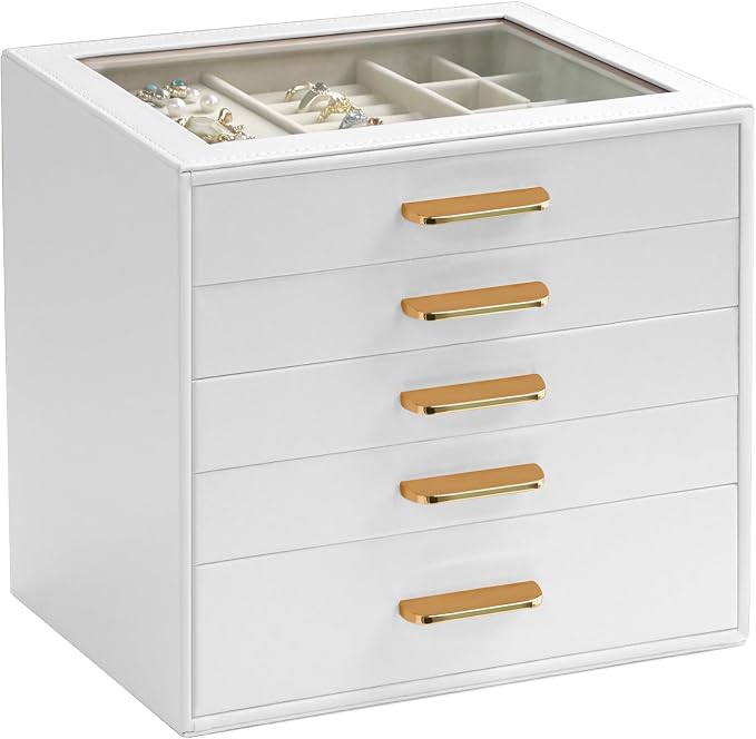 Homeanda Jewelry Boxes Organizer with Glass Lid, 5-Layer PU Leather, White | Modern style display case with 5 drawers for daily jewelry, women, mom or girl gift