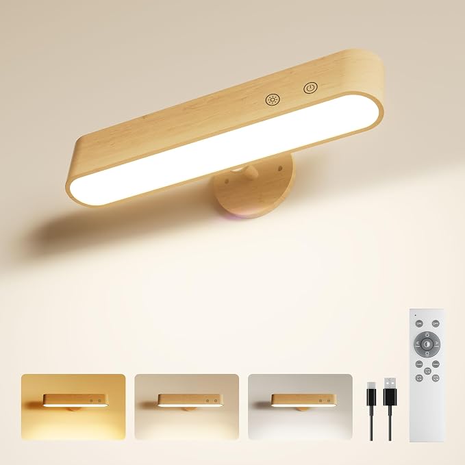 PopoIron 7500 mAh Rechargeable Wall Sconce, Battery Operated LED Wall Light for Bedroom with Remote Control & Touch, 360° Magnetic Rotation, 3 Colours, Dimmable Wood Wall Lamp, 15 RGB Colors, 1p