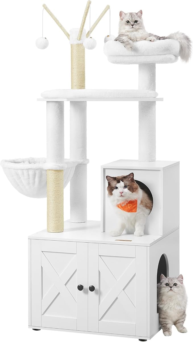 Feandrea Cat Tree with Litter Box Enclosure, 59-Inch Modern Cat Tower | 2-In-1 Condo with Scratching Posts, Washable Removable Cushion, Cloud White UPCT113W01