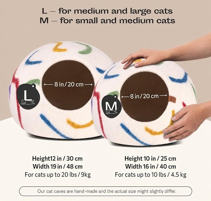 Cat Cave - Merino Wool Bed for Indoor Cats (Ivory Rainbow, Medium) | Cat Bed Enclosure, Premium Felt, Handmade, Super Soft, Lightweight, Breathable, Adjustable Shape