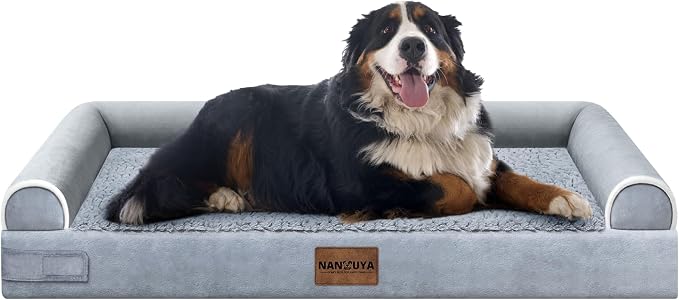 Orthopedic Dog Bed for Jumbo Dogs, 53 x 42 Inch, Light Grey | Egg crate foam for joint support, 3-sided bolster pet sofa, waterproof lining, washable cover, and non-skid base