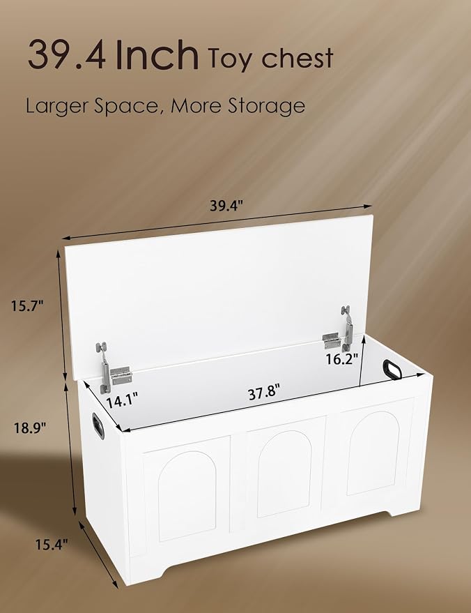 Storage Chest, Wooden Toy Box, White 39.4" L | Entryway Shoe Bench, 2 Soft-close Hinges, Finger-safe Flip-Top Lid, Easy Assembly, Farmhouse Large Trunk, Living Room/Bedroom