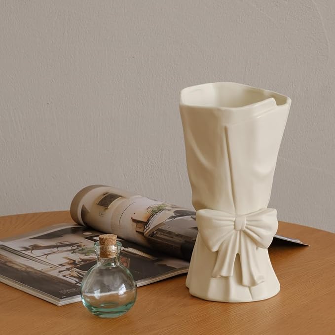 WENSHUO Flower Vase, Ceramic Bow Vase for Flowers, 10 in, Matte Crème | Irregular ceramic bow vase for fresh or dried flowers, wedding centerpieces and home decor. Smooth matte cream-toned glaze.