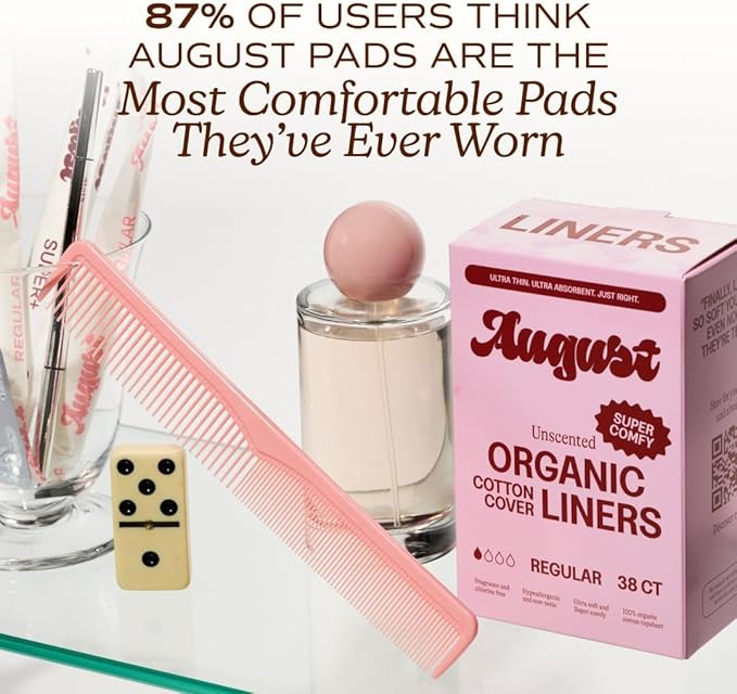 August Organic Panty Liners for Women, Made with Organic Cotton, 38 Daily Liners for Women, Toxin & Fragrance Free, Hypoallergenic Cotton