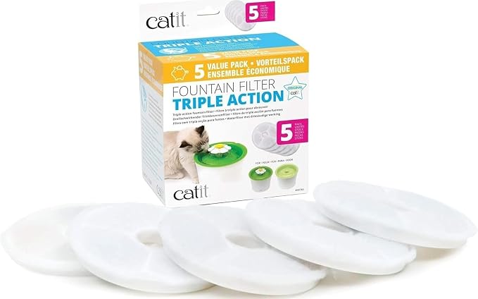 Catit Triple Action Replacement Original Water Fountain Filters, 5 Pack – Official Replacement Filters for Catit Cat Drinking Water Fountains