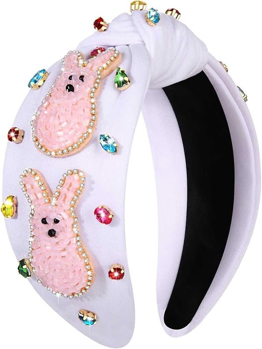 mokkia Easter Headbands Beaded Rabbit Bunny Headband for Women Pink Spring Knotted Headband Easter Hair Accessories Gifts