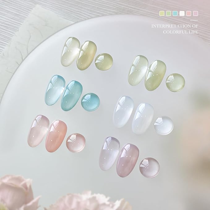 GAOY Jelly Green Spring Summer Gel Nail Polish Set, 6 Transparent Colors Sheer White Blue, Soak Off UV Light Cure Gel Polish Kit for Nail Art DIY at Home
