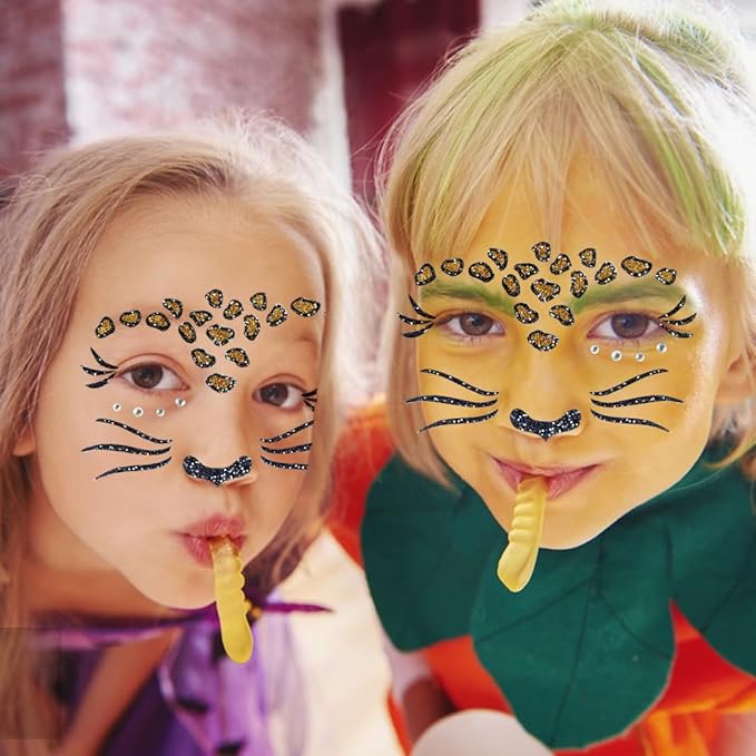 Leopard Face Tattoo Stickers Tiger Lion, Leopard Print Cat Face Gems for Women Party Birthday Cosplay Face Temporary Tattoo for Makeup 2 sheets