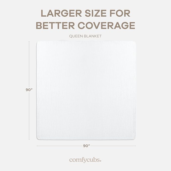 Comfy Cubs Adult Muslin Blanket 90x90” Queen Swaddle Blankets, White | 6 Layer Soft, Breathable & Lightweight Muslin Adult Blanket - Machine Washable & Designed in the US Bedding for All Seasons
