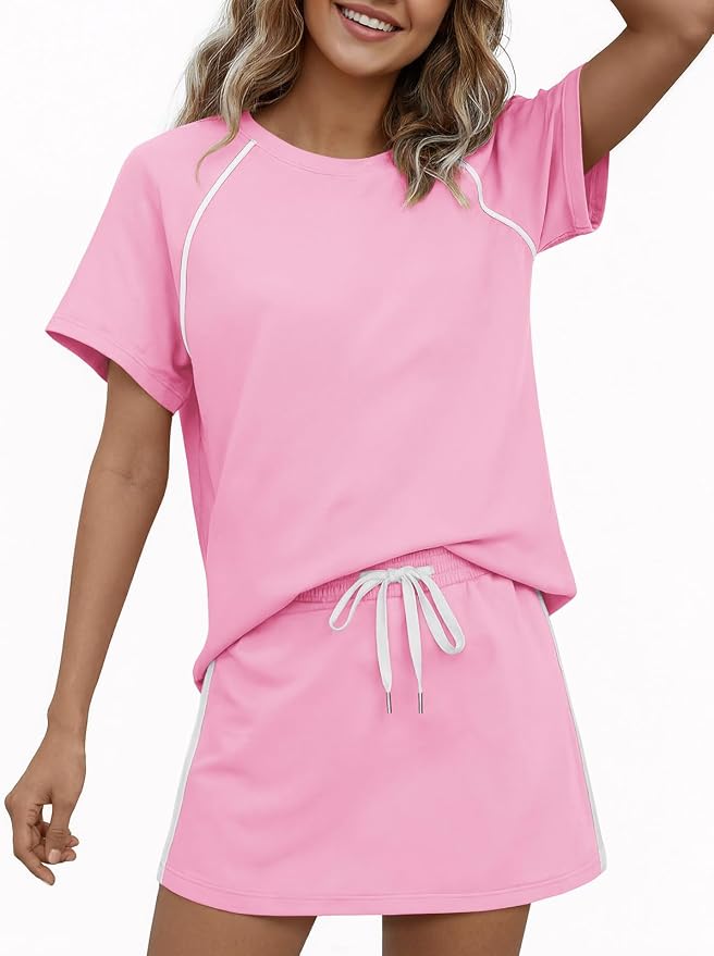 Womens 2 Piece Skirt Sets Summer Tennis Outfits Vacation Skort Set | Two Piece Sets, Short Set, Athletic Workout Golf Outfits, Crew Neck, Color Block, Drawstring, Workout Mathcing Lounge Sets