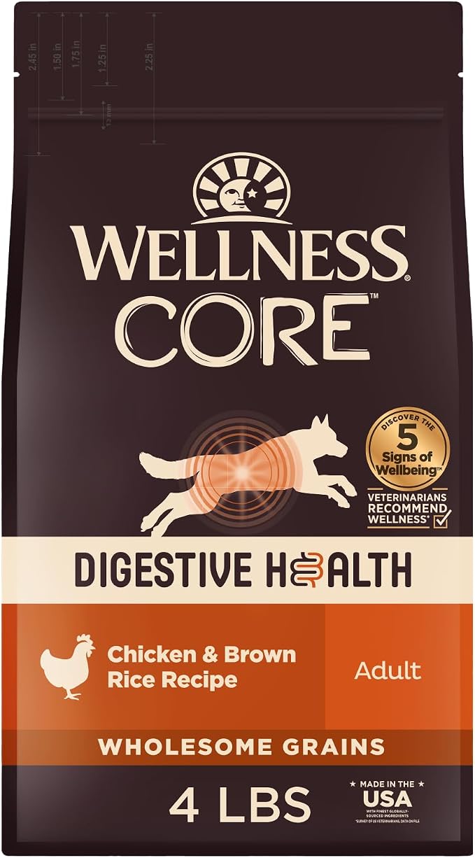Wellness CORE Digestive Health Adult Dry Dog Food, Wholesome Grain Kibble, Sensitive Stomach, Natural, High Protein, Chicken Recipe, 4 lb Bag