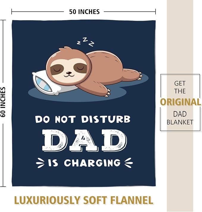 Leebbsin Funny Gift for Dad, Dads Birthday Gift from Daughter Son | Dad is Charging Sloth Blanket 60" x 50", Blue, Dads Gifts for Fathers Day Christmas, Soft Sloth Throws Blanket for Father