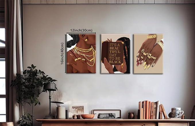 Marllifenney 3 Pcs Black Woman Wall Art Framed Black Girl Posters Abstract African American Canvas Prints Black Women Painting Decor Modern Boho Female Pictures for Bedroom Living Room Office 12x16in