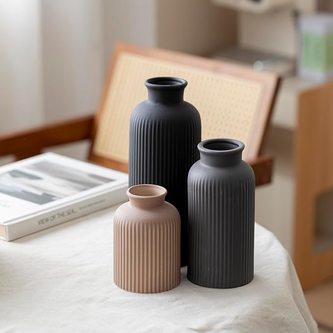 Large Modern Ceramic Vase Set, Black Ribbed Matte Finish, 3-Piece Decorative Vases for Home Living Room Office, 10 inch Tall, 4 inch Width (XL Black Mix)