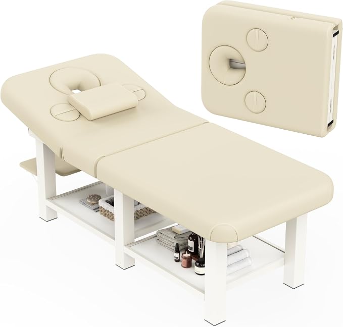 Extra Large 34''×80'' Folding Stationary Massage Table with Adjustable Backrest, Heavy-Duty Metal Frame PU Leather Treatment Bed for Spa, Physical Therapy, Tattoo, Facial & Medical Exam - Beige Gray