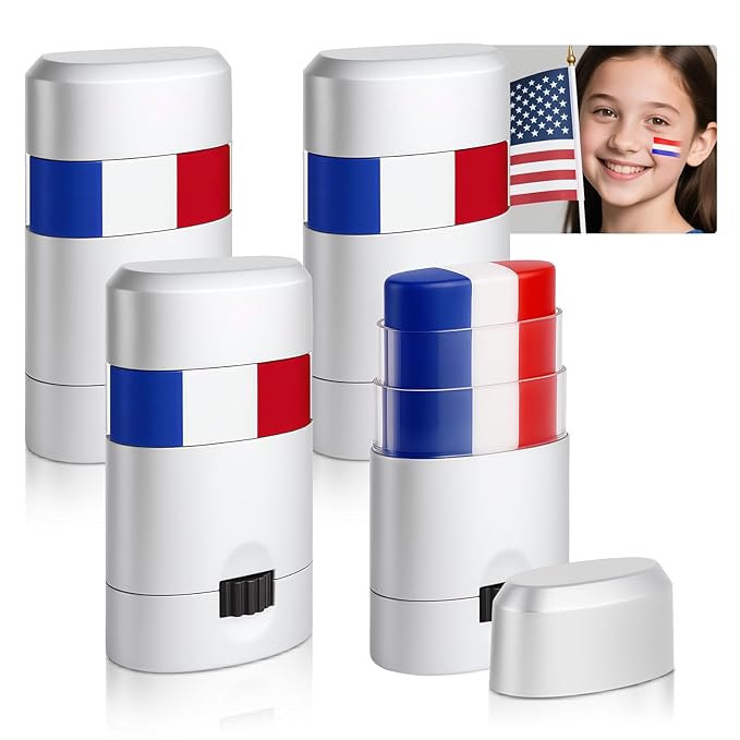 4PCS Red White and Blue Face Body Paint Sticks- Patriotic Pride 4th of July Accessories for Women, Eye-Black Stick Baseball Softball Sports Makeup, Fourth of July USA Accessories for Independence Day
