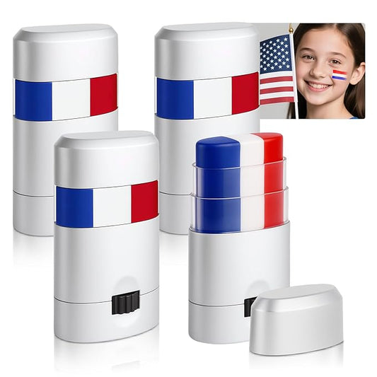 4PCS Red White and Blue Face Body Paint Sticks- Patriotic Pride 4th of July Accessories for Women, Eye-Black Stick Baseball Softball Sports Makeup, Fourth of July USA Accessories for Independence Day