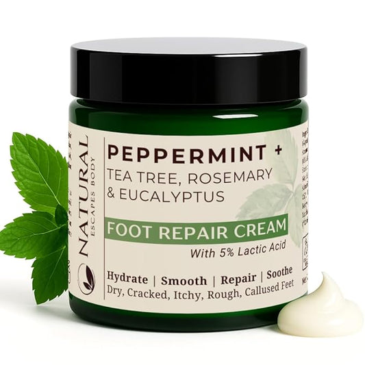 Natural Escapes Peppermint, Rosemary, Eucalyptus & Tea Tree Oil Foot Cream for Dry Feet, Cracked Heels, Calluses, Athlete's Foot - Heel Repair Cream for Women & Men (8 oz)
