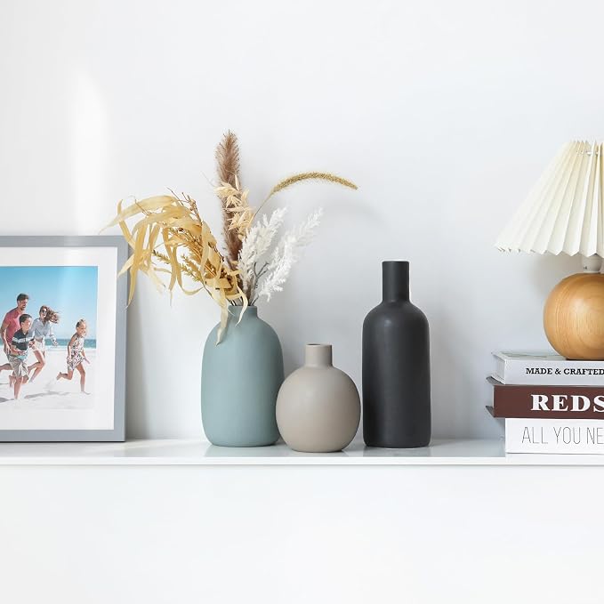 Large Ceramic Vase Set of 3, Neutral Vases Home Decor Waterproof | Farmhouse Vases for Pampas Grass & Dried Flowers and Table Living Room Home Decor