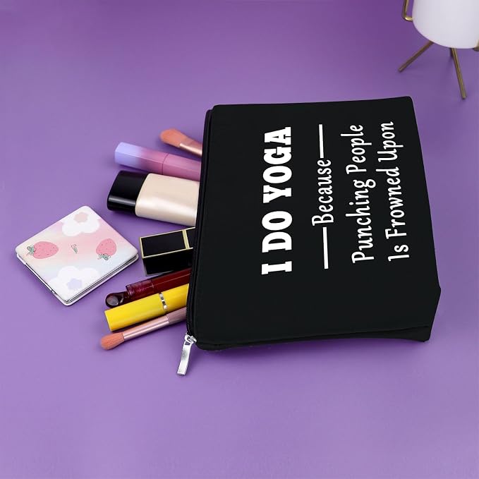 Sazuwu Yoga Themed Black Makeup Bag Funny Gifts for Yoga Instructor Women Teacher Training Cosmetic Bag Travel Pouch