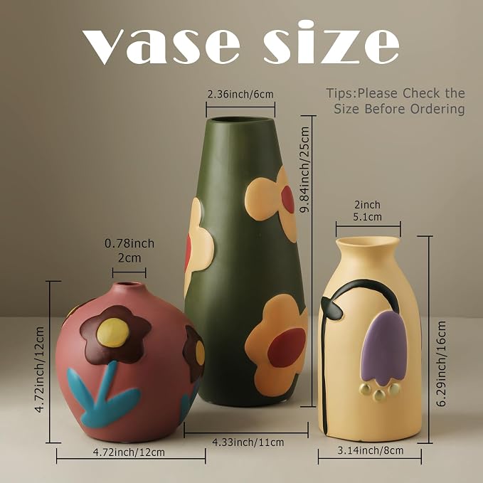 Vintage Ceramic Vase, Minimalist Texture Stone Patterned White Flower Vase, Decorative Vase for Living Room Shelf Farmhouse Dining Table Centerpiece Decor (Colorful Rustic-3 Pack) (Rustic-3 Pack)