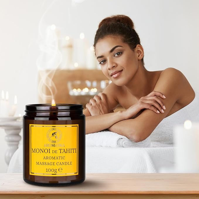 Scented Massage Candle Monoi de Tahiti - Soy Wax Candle 3.5Oz - Relaxing Massage Candle - Blend of Coconut & Almond & Monoi de Tahiti Oils - Vanilla Oleoresin - Skin Care - Beauty - Aromatherapy