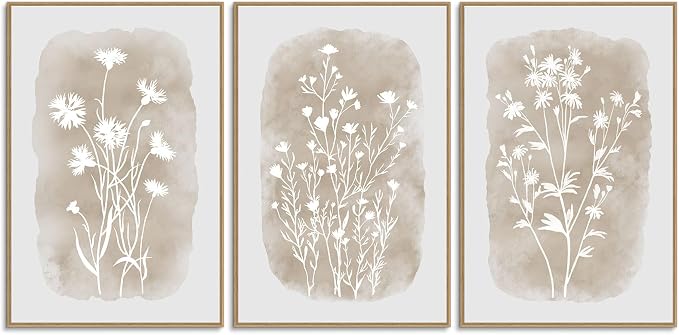 SAFERRYHOME Neutral Wildflower Beige Botanical Wall Art,3 Panels, 24x36 Inch