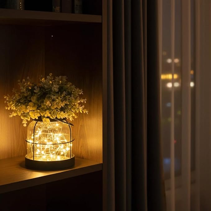 Dnnnii Vintage Glass Farmhouse Vase - Handmade Rustic Lantern Planter with Bonus Artificial Flowers & LED Lights (Home Decor Centerpiece), Farmhouse Wedding/Easter Decor, Housewarming Gift
