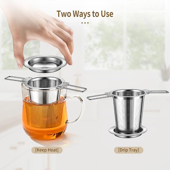 1Pack Long-Handled Tea Strainer with Drip Tray, BOMANSI BOMS Stainless Steel Tea Infuser Basket, Tea Infuser for Loose Leaf Tea, Fine Mesh Tea Diffuser, Loose Leaf Tea Steeper, Large Tea Infuser