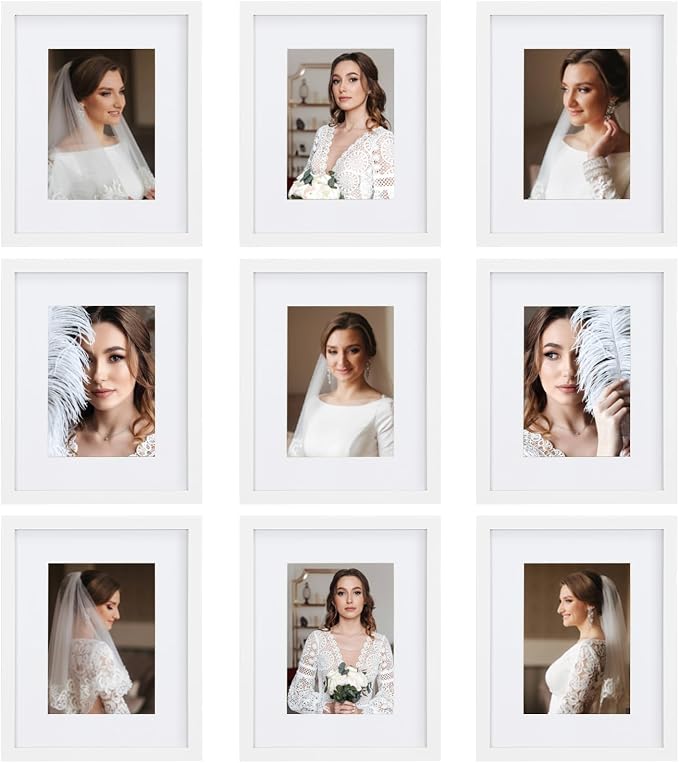8x10 Picture Frame Set of 9, Display Pictures 5x7 with Mat or 8x10 without Mat, Multi Collage Gallery Square Photo Frames for Wall or Tabletop, White