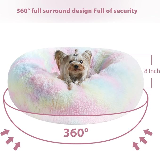 WNPETHOME Medium Round Calming Dog Bed Cat Bed for Comfy Sleep | Dog Bed For Medium Dog, Cute Washable Puppy Bed with Cozy Plush, Faux Fur Anxiety Pet Bed Donut Cuddler (30x30x10In, Rainbow)