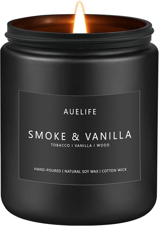 Auelife Smoke Vanilla Scented Candle, 7 oz Soy Candle for Men | 50H Burn Time, Candles for Home Scented, Cotton Wick, Gift for Men Him,Home Office Decor