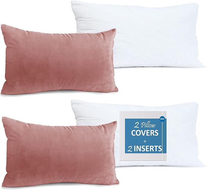 Throw Pillow Inserts Pack of 2 with Velvet Soft Solid Decorative Square Throw Pillow Covers Set for Sofa Couch Car Bedroom, 12X20 Throw Pillows Inserts with 12x18 Washable Cushion Covers, Misty Rose