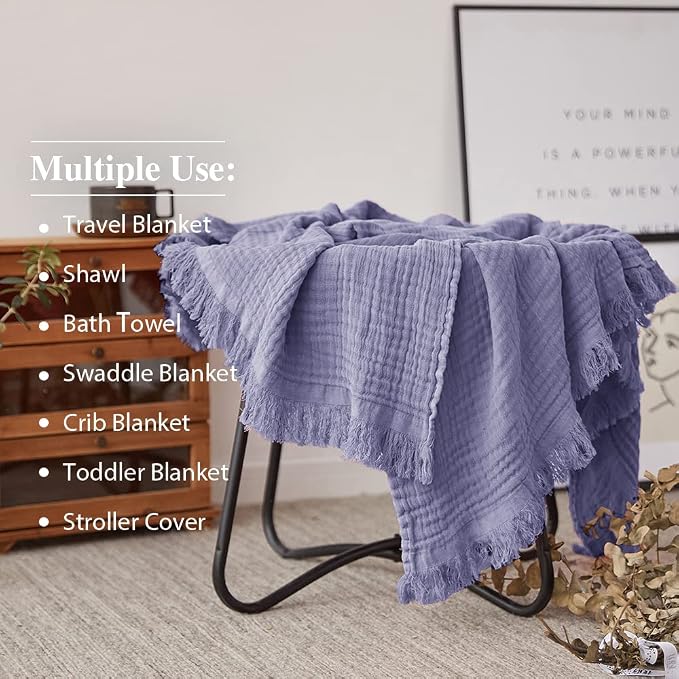 Simple&Opulence Cotton Muslin Throw Blanket for Bed, Couch, Knit Woven Gauze Blanket with Tassels, Soft Lightweight Cozy Pre-Washed Breathable Farmhouse Decoration for All-Season (Lavender)