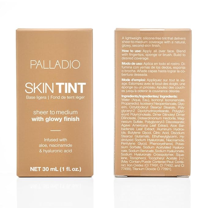 Palladio Skin Tint with Aloe, Niacinamide and Hyaluronic Acid, Sheer to Medium Coverage, Glowy Finish, Brightening and Blurring Lightweight Foundation Makeup (Tan Honey)