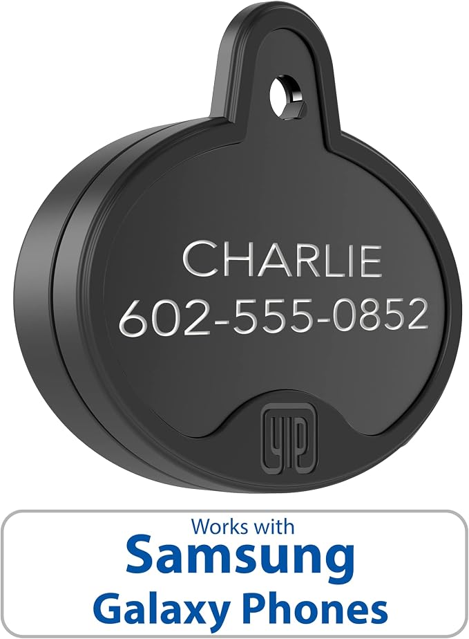 YIP Smart Tag ID & Custom Engraved Dogs Tracker - Compatible with Samsung Galaxy (No GPS Subscription Or Monthly Fee) Pets Collar Location Oval Black