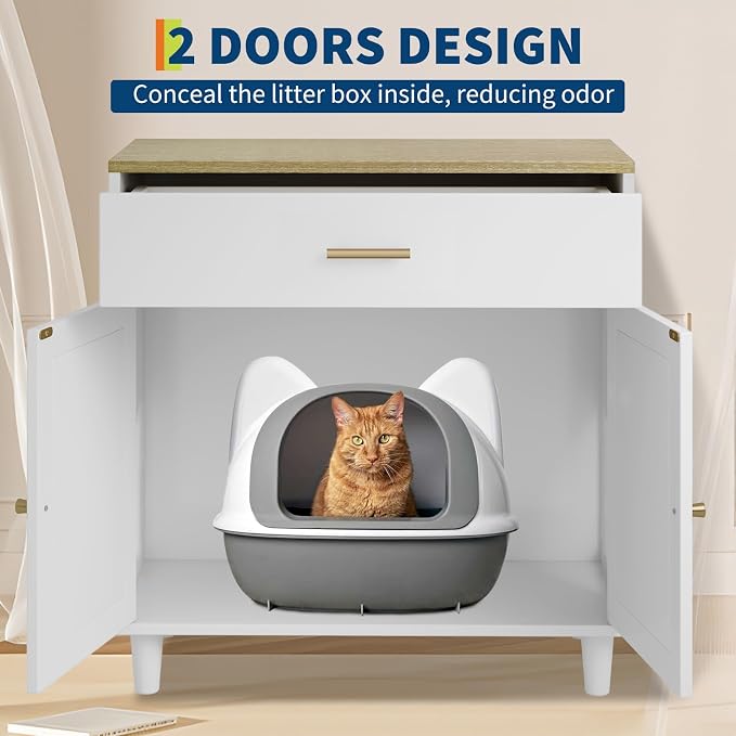Cat Litter Box Enclosure, Wood Cats Litter Box with 2 Doors, Hidden Pet Storage Cabinet Furniture with Scratching Pad, Modern Cat Cabinet for Living Room, Entryway, White